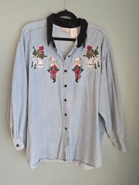 Bobbie Brooks Light Blue Denim Button-Down Shirt with Holiday Embroidery